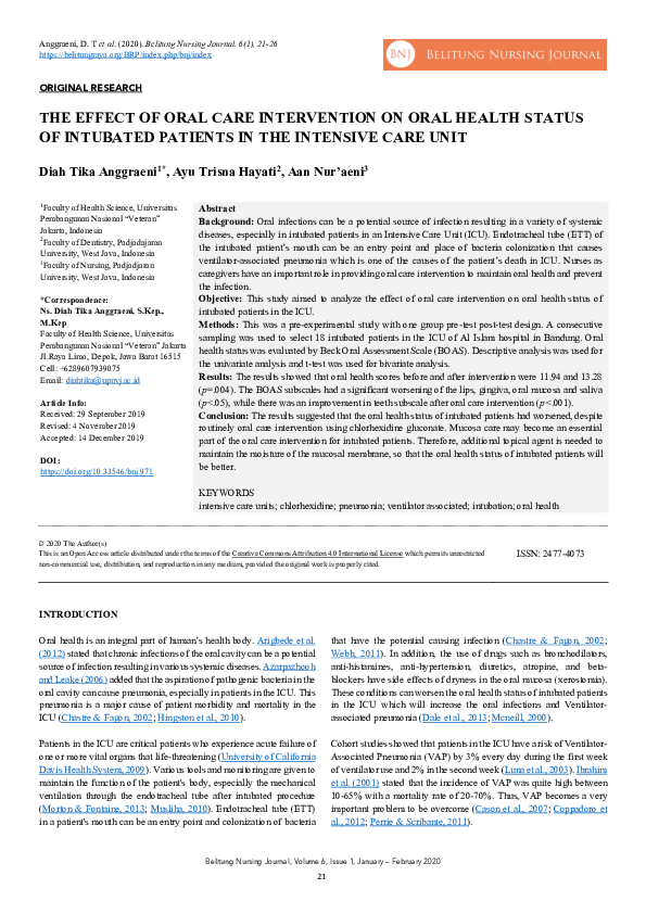 (PDF) The Effect of Oral Care Intervention on Oral Health Status of ...