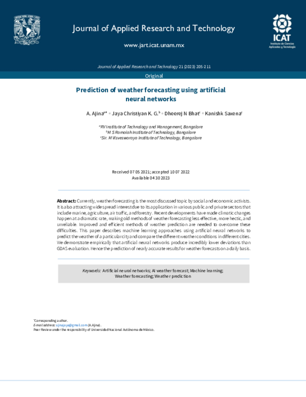 (PDF) Prediction of weather forecasting using artificial neural networks