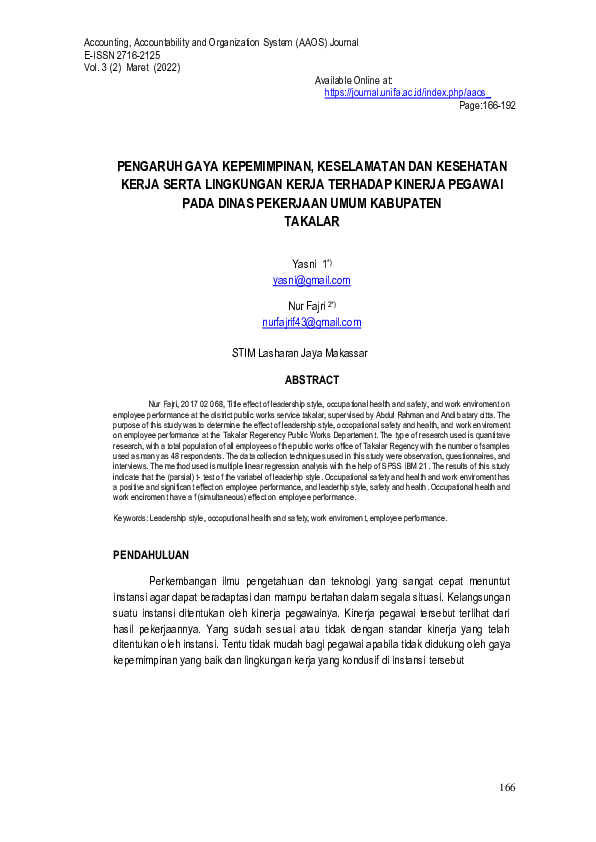 (PDF) Pengaruh Gaya Kepemimpinan, Keselamatan Dan Kesehatan Kerja Serta ...