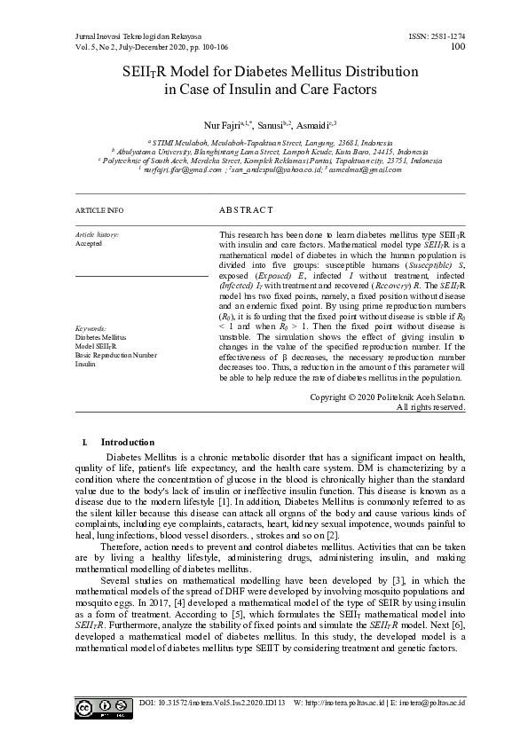 (PDF) SEIITR Model for Diabetes Mellitus Distribution in Case of ...