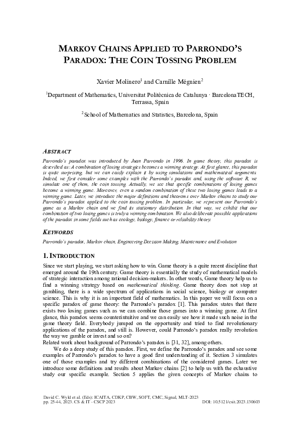 (PDF) Markov Chains Applied to Parrondo’s Paradox: The Coin Tossing Problem