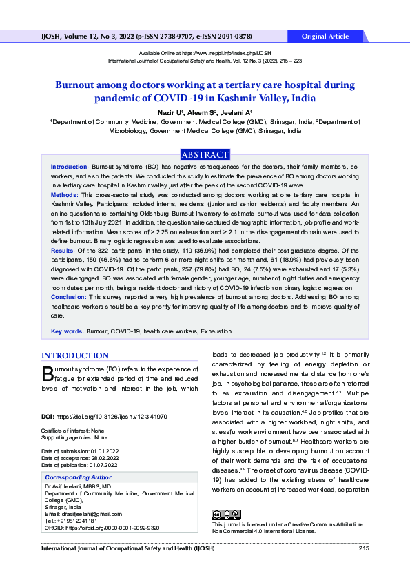 (PDF) Burnout among doctors working at a tertiary care hospital during ...