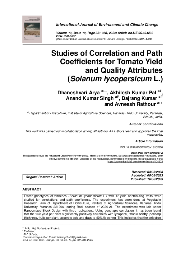 (PDF) Studies of Correlation and Path Coefficients for Tomato Yield and ...