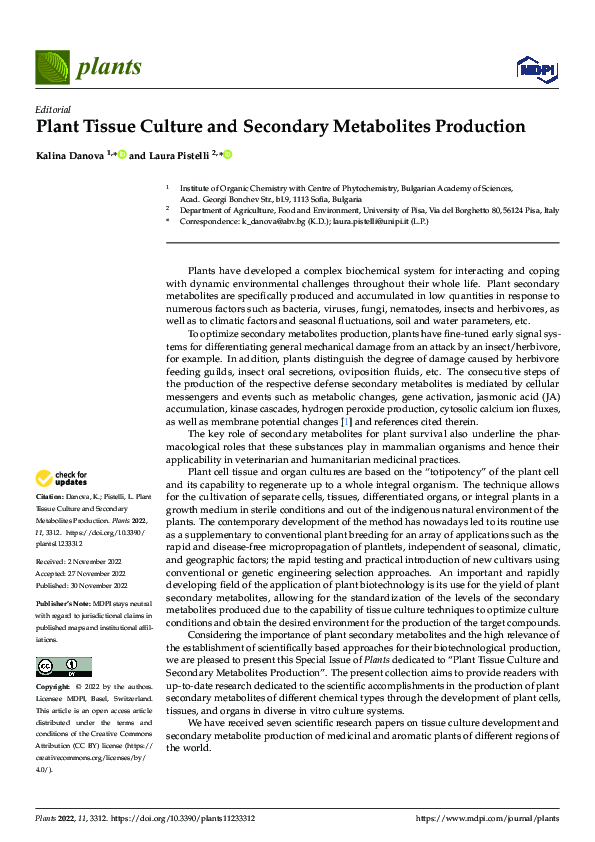 (PDF) Plant Tissue Culture and Secondary Metabolites Production