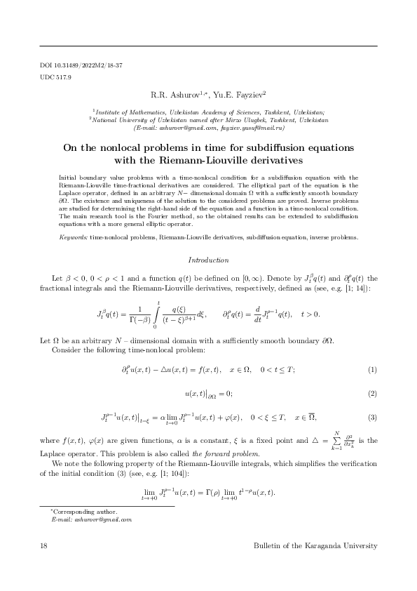 (PDF) On the nonlocal problems in time for subdiffusion equations with ...