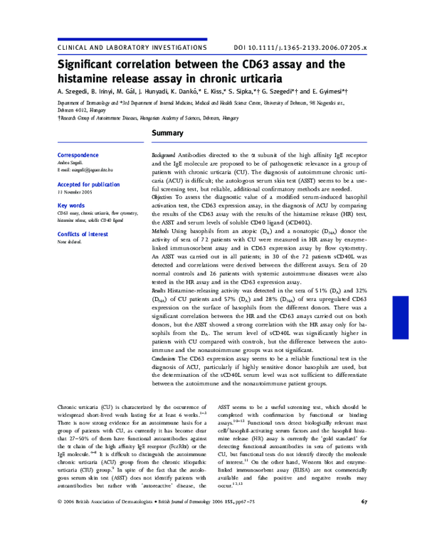 (PDF) Significant correlation between the CD63 assay and the histamine release assay in chronic