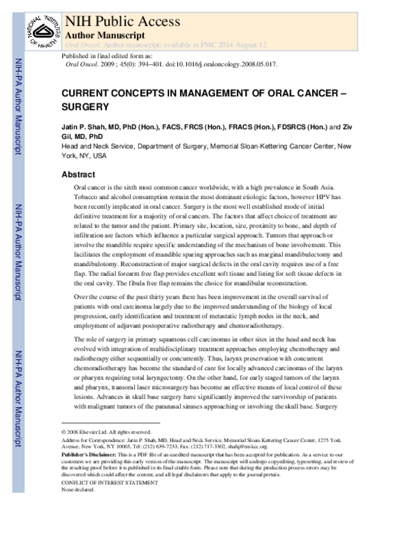 (PDF) Current concepts in management of oral cancer – Surgery
