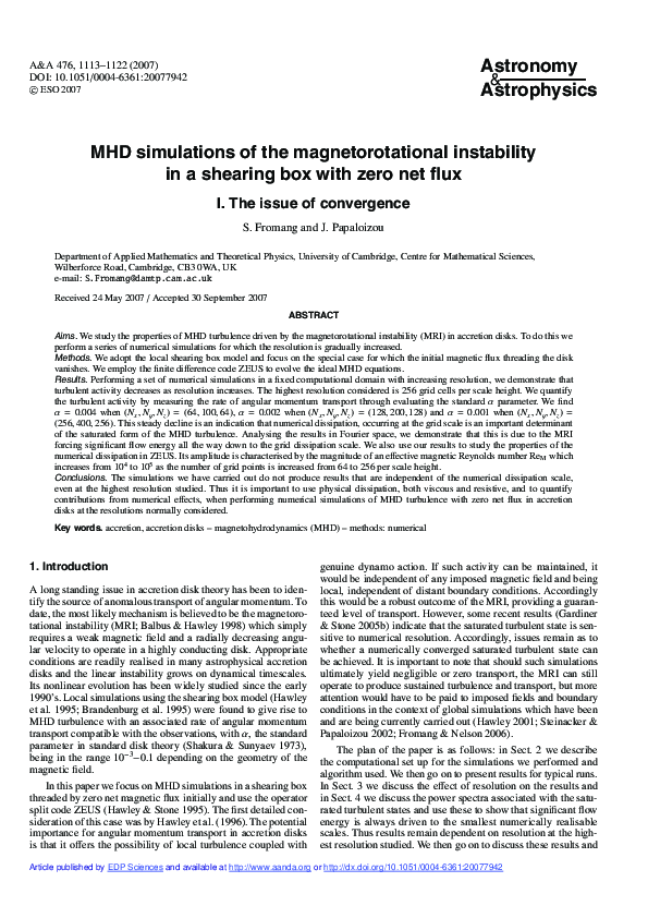 (PDF) MHD simulations of the magnetorotational instability in a ...