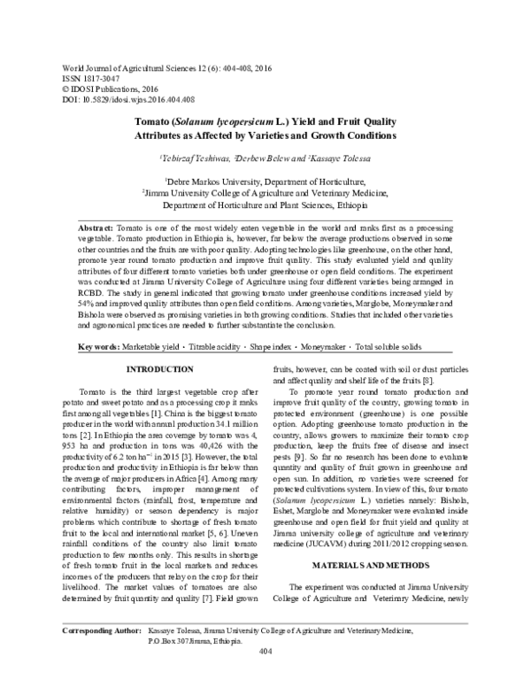 (PDF) Tomato ( Solanum lycopersicum L . ) Yield and Fruit Quality ...