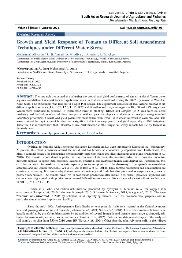 (PDF) Growth and Yield Response of Tomato to Different Soil Amendment ...