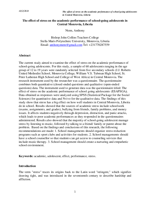 (PDF) The effect of stress on the academic performance of school-going ...