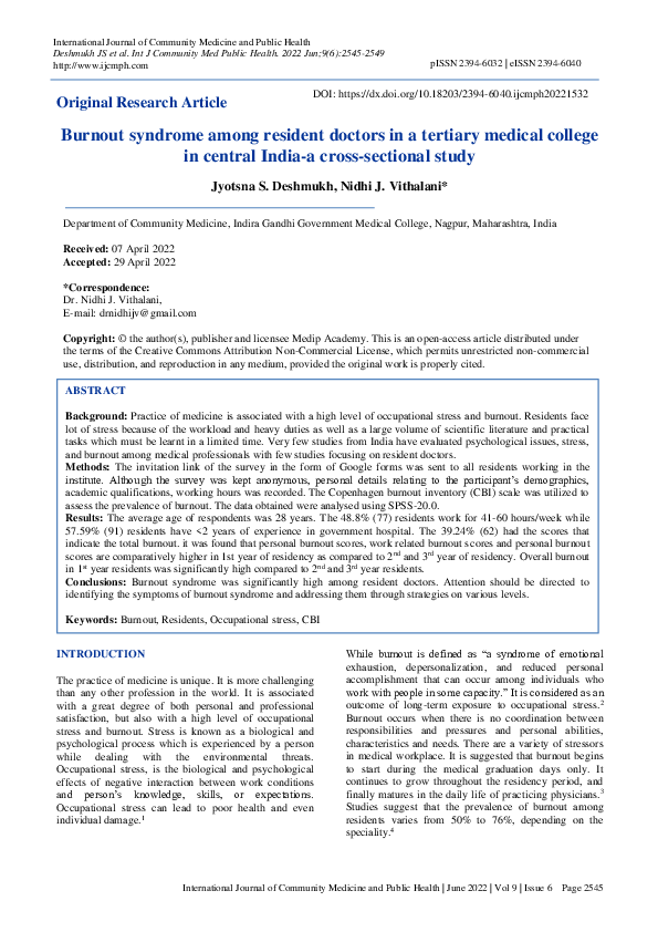 (PDF) Burnout syndrome among resident doctors in a tertiary medical ...