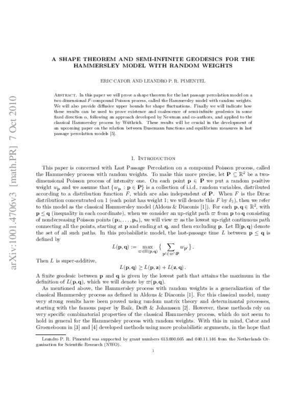 (PDF) A shape theorem and semi-infinite geodesics for the Hammersley ...