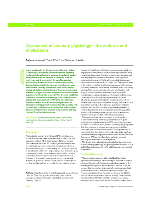 (PDF) Assessment of coronary physiology – the evidence and implications