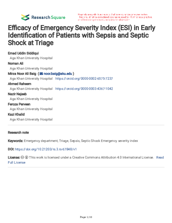 (PDF) Efficacy of Emergency Severity Index (ESI) in Early ...