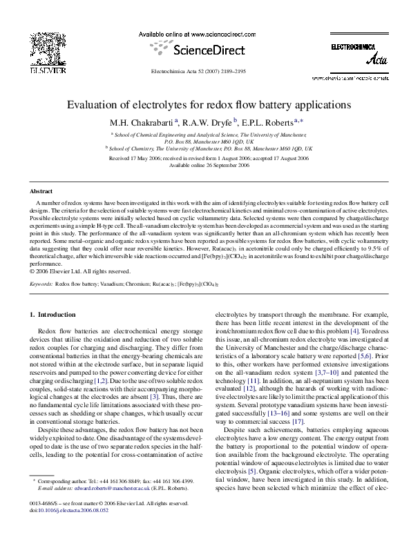 (PDF) Evaluation of electrolytes for redox flow battery applications