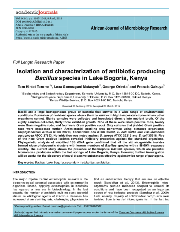 (PDF) Isolation and characterization of antibiotic producing Bacillus ...