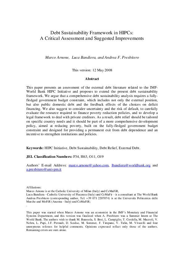 (PDF) Debt Sustainability Framework in Hipcs: A Critical Assessment and ...