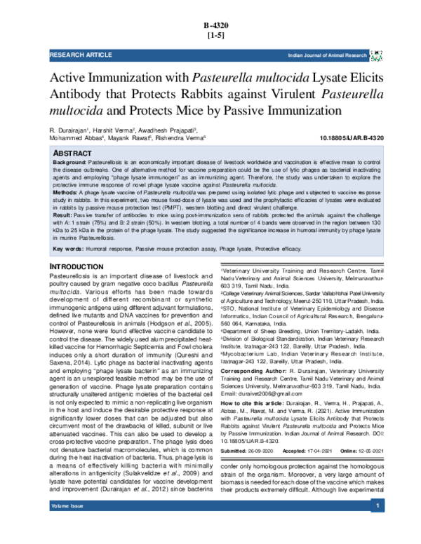 (PDF) Active Immunization with Pasteurella multocida Lysate Elicits ...