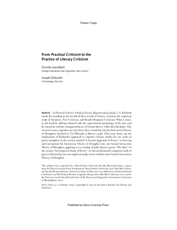 (PDF) From Practical Criticism to the Practice of Literary Criticism