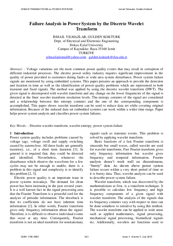 (PDF) Failure Analysis in Power System by the Discrete Wavelet Transform