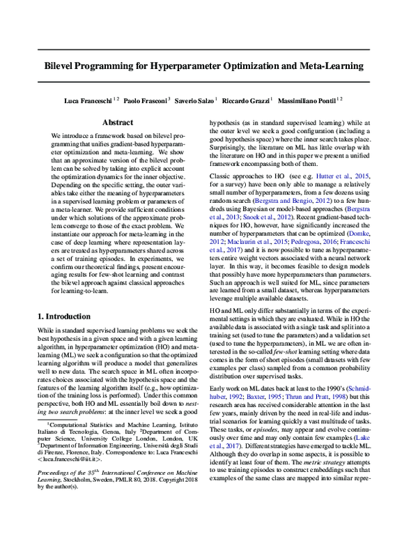 (PDF) Bilevel Programming for Hyperparameter Optimization and Meta-Learning