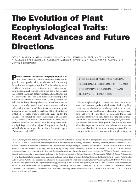 (PDF) The Evolution of Plant Ecophysiological Traits: Recent Advances ...