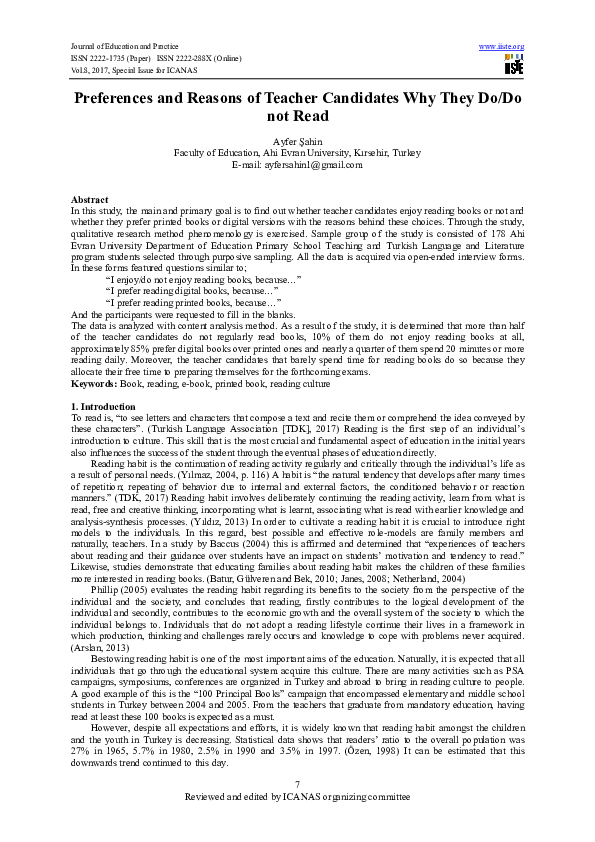 (PDF) Preferences and Reasons of Teacher Candidates Why They Do/Do not Read