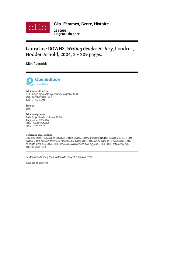 (PDF) Laura Lee DOWNS, Writing Gender History, Londres, Hodder Arnold ...
