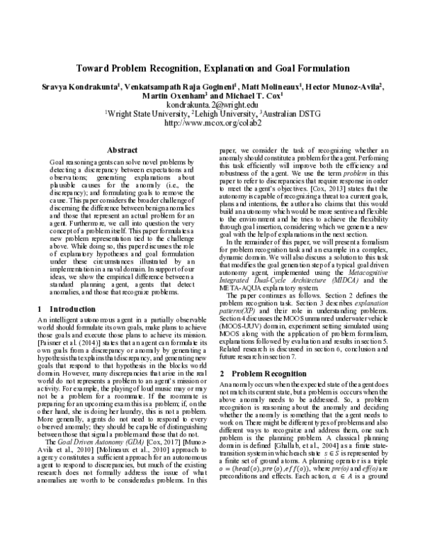 (PDF) Toward Problem Recognition , Explanation and Goal Formulation