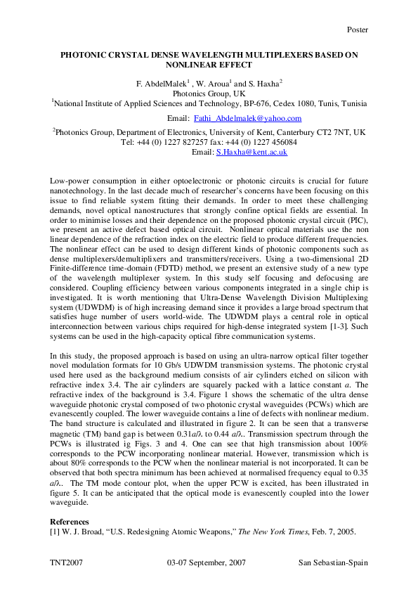 (PDF) Photonic Crystal Dense Wavelength Multiplexers based on Nonlinear ...
