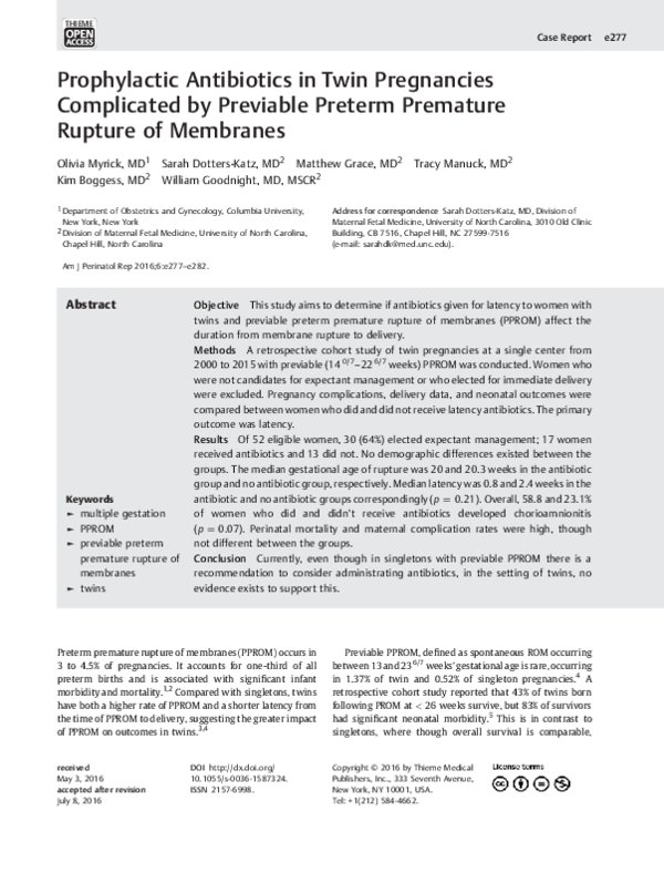 (PDF) Prophylactic Antibiotics in Twin Pregnancies Complicated by ...