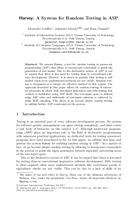 (PDF) $$\mathsf {Harvey}$$ : A System for Random Testing in ASP