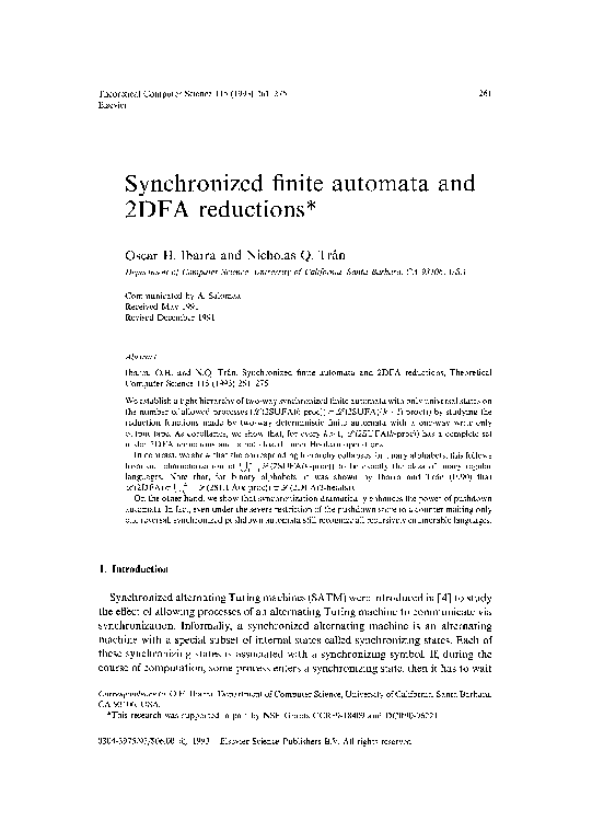 (PDF) Synchronized finite automata and 2DFA reductions