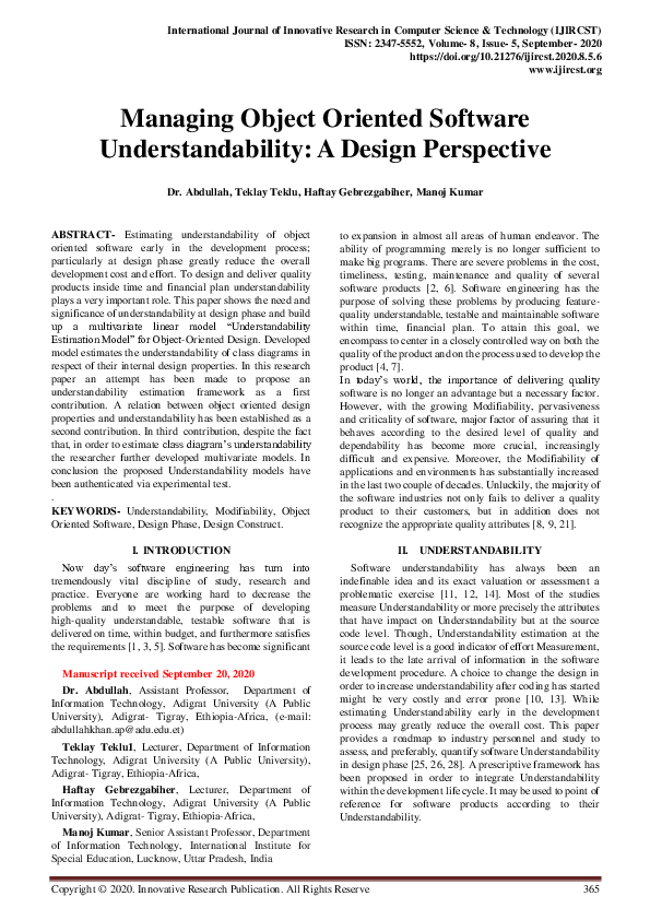 (PDF) Managing Object Oriented Software Understandability: A Design ...