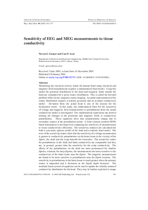 (PDF) Sensitivity of EEG and MEG measurements to tissue conductivity