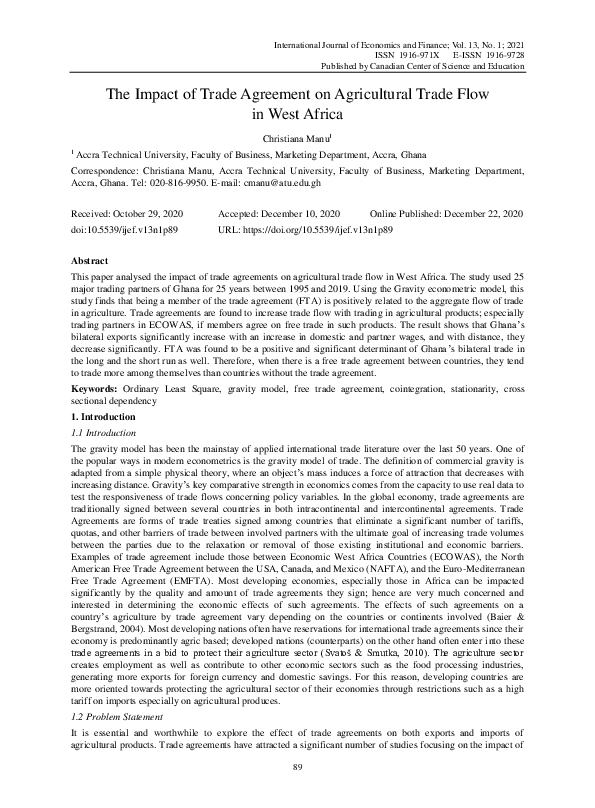 (PDF) The Impact of Trade Agreement on Agricultural Trade Flow in West ...