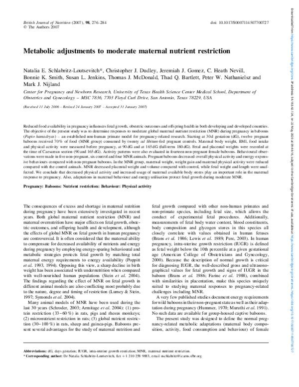 (PDF) Metabolic adjustments to moderate maternal nutrient restriction