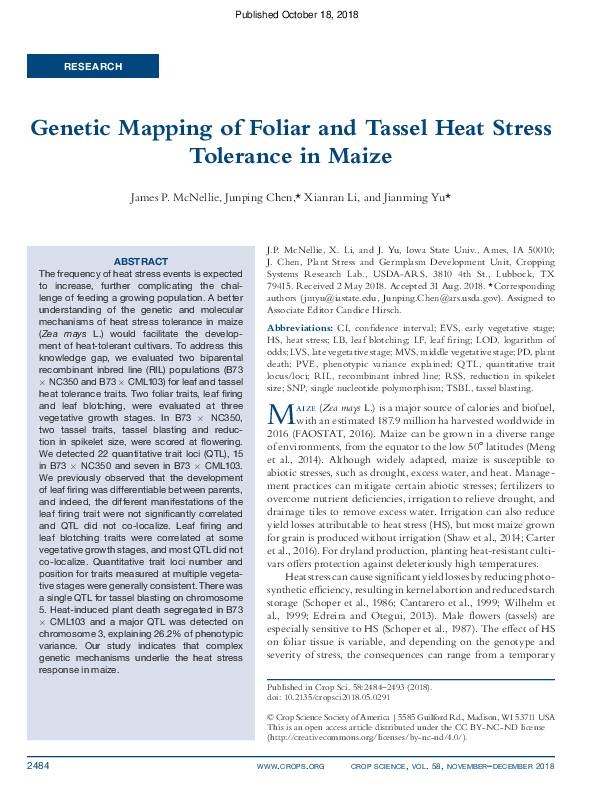 (PDF) Genetic Mapping of Foliar and Tassel Heat Stress Tolerance in Maize