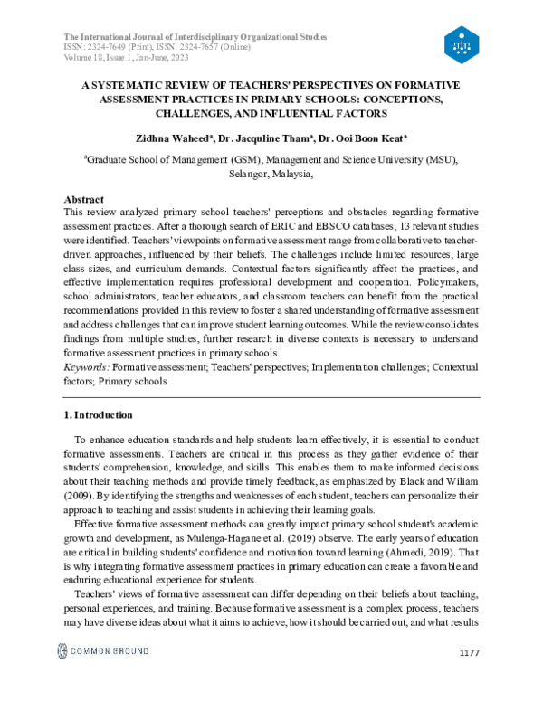 (PDF) A SYSTEMATIC REVIEW OF TEACHERS' PERSPECTIVES ON FORMATIVE ...