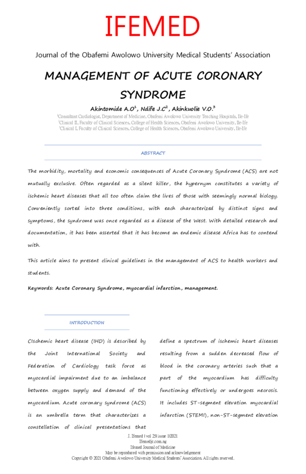 (PDF) MANAGEMENT OF ACUTE CORONARY SYNDROME