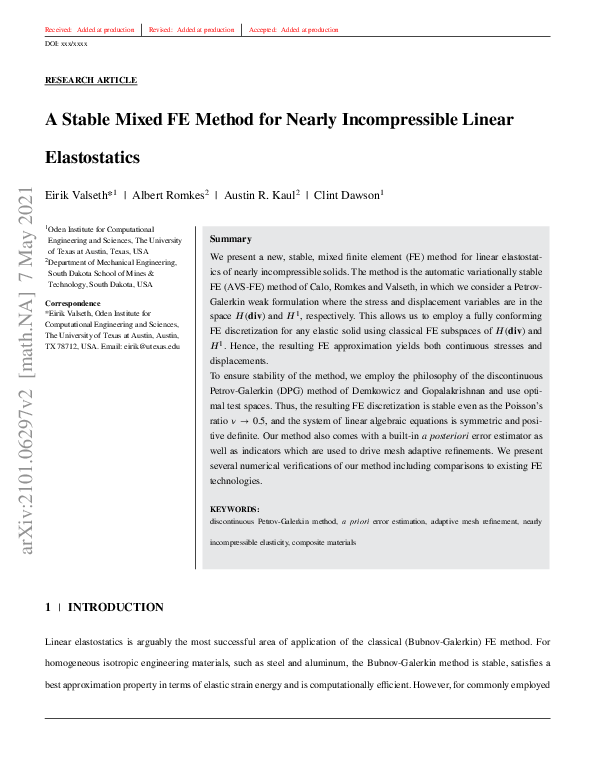 (PDF) A stable mixed finite element method for nearly incompressible ...