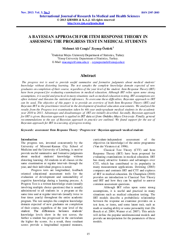 (PDF) A Bayesian Approach for Item Response Theory in Assessing the ...