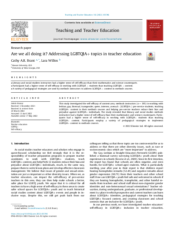 (PDF) Are we all doing it? Addressing LGBTQIAþ topics in teacher education