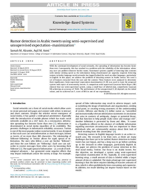 (PDF) Rumor detection in Arabic tweets using semi-supervised and ...