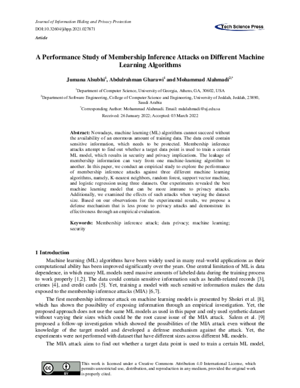 (PDF) A Performance Study of Membership Inference Attacks on Different ...