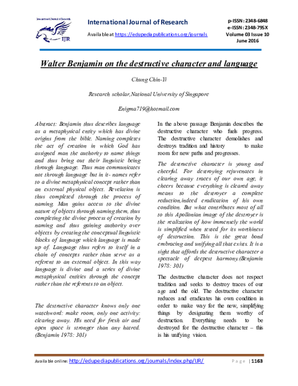 (PDF) Walter Benjamin on the destructive character and language