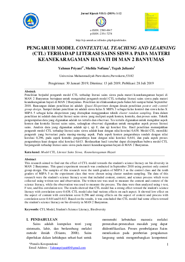 (PDF) The Effect of Contextual Teaching and Learning (CTL) Model ...