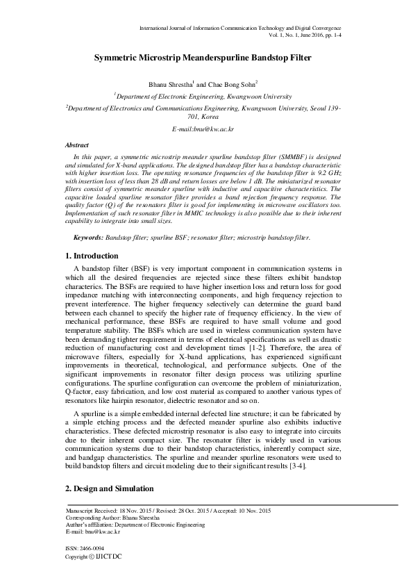 (PDF) Symmetric Microstrip Meanderspurline Bandstop Filter