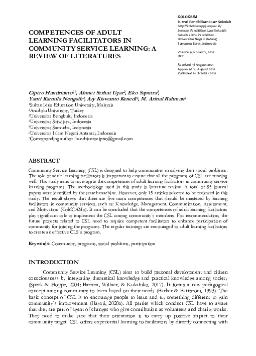 (PDF) Competences of Adult Learning Facilitators in Community Service ...